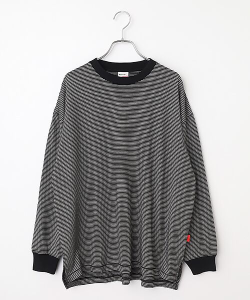Healthknit / ヘルスニット Tシャツ | 【レディース】　ナローボーダー　サイドスリット　クルーネック長袖Tシャツ（ブラック×ナチュラル）