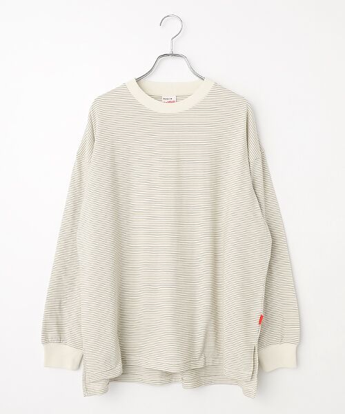 Healthknit / ヘルスニット Tシャツ | 【レディース】　ナローボーダー　サイドスリット　クルーネック長袖Tシャツ（ナチュラル×ベージュ）