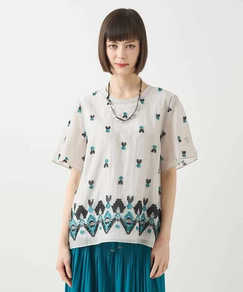 HIROKO BIS/ヒロコビス エスニックモチーフコンパクトブラウス /洗える ライトグレー M
