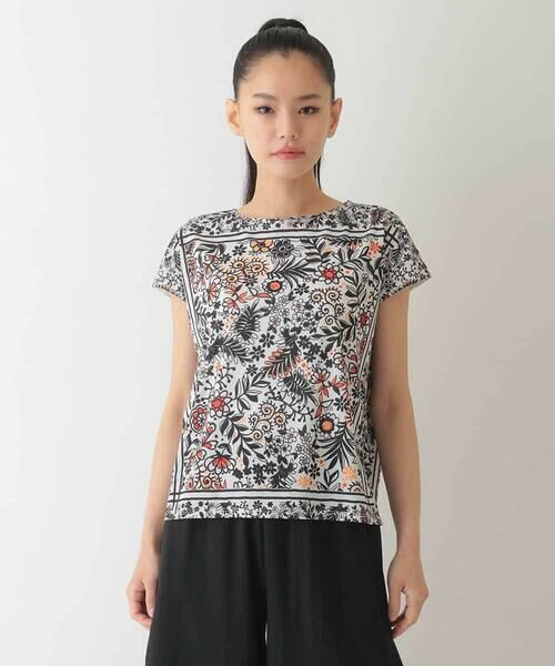HIROKO BIS / ヒロコビス カットソー | フラワープリントフレンチスリーブカットソー /洗濯機で洗える(オレンジ)