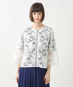 HIROKO BIS / ヒロコビス ノーカラージャケット | ダブルメッシュフラワー刺繍ジャケット /洗える