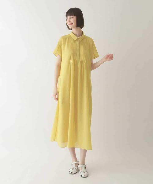 G47*キヨコタカセ☆Aライン☆総柄☆ワンピース☆黄イエロー 白ホワイト☆13 コウベレタス KOBE LETTUCE シワになりにくい Aラインコットン