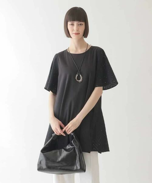 HIROKO BIS/ヒロコビス 【接触冷感】コットンレース切り替えデザインチュニック /洗える ブラック L