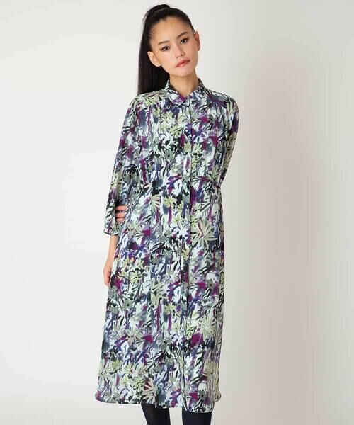 HIROKO BIS / ヒロコビス ロング・マキシ丈ワンピース | フラワープリントシャツカラーワンピース（ネイビー）
