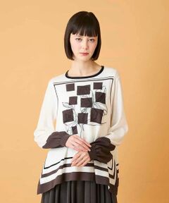 HIROKO BIS / ヒロコビス カットソー | 花刺繍フレーム配色デザインプルオーバー