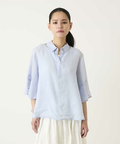 HIROKO BIS / ヒロコビス シャツ・ブラウス | フレアスリーブ麻ブラウス（ライトブルー）