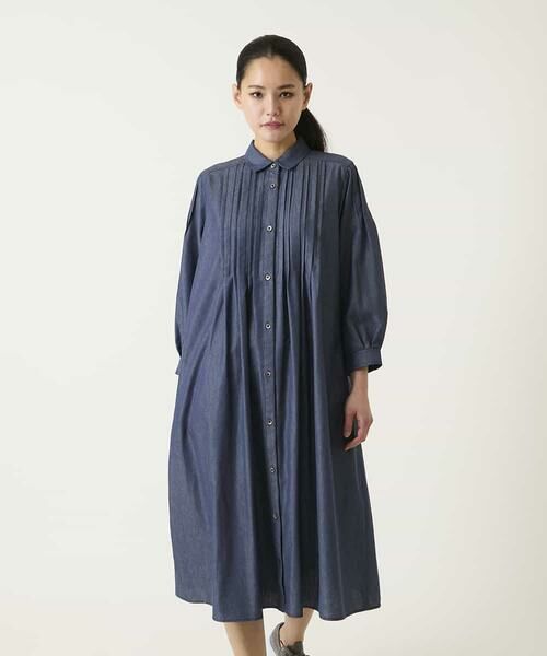 HIROKO BIS / ヒロコビス ロング・マキシ丈ワンピース | ピンタックデザインダンガリーワンピース（ネイビー）