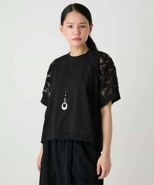 HIROKO BIS / ヒロコビス カットソー | オーガンジー刺繍ドッキングプルオーバー（ブラック）