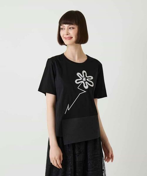 HIROKO BIS / ヒロコビス カットソー | 【接触冷感】異素材切り替えフラワー刺繍デザインTシャツ（ブラック）