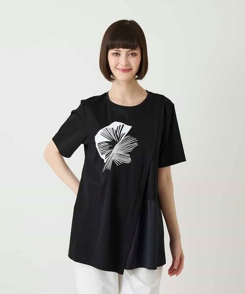 HIROKO BIS / ヒロコビス チュニック | 【接触冷感】刺繍モチーフアシンメトリーチュニックTシャツ /洗える（ブラック）