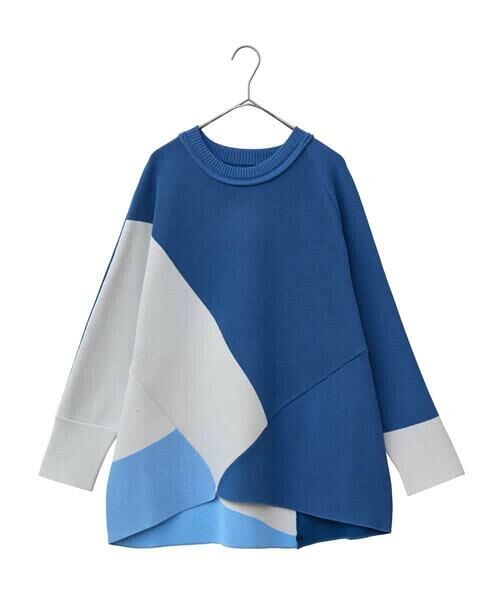 HIROKO BIS GRANDE / ヒロコビス グランデ ニット・セーター | 【大きいサイズ】パターン切り替えデザインニットプルオーバー（ブルー）
