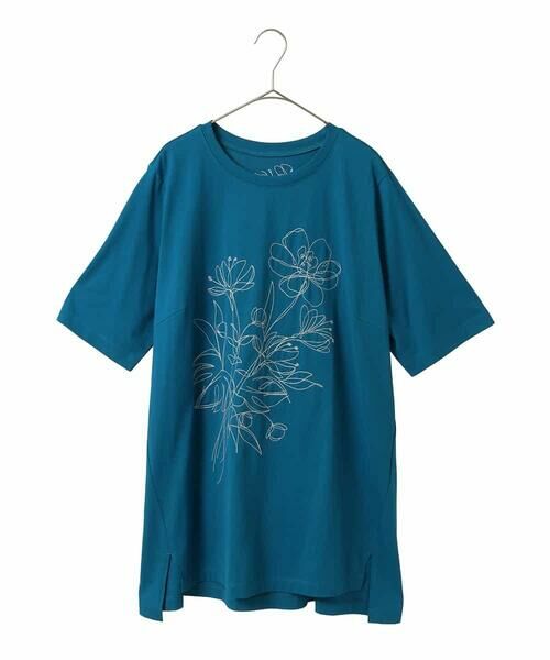 HIROKO BIS GRANDE/ヒロコビス グランデ 【大きいサイズ】ステッチ刺繍デザインチュニックTシャツ /洗える ブルー 3L HIROKO BIS GRANDE/ヒロコビス グランデ 【大きいサイズ】ステッチ刺繍デザインチュニックTシャツ /洗える ブルー 3L