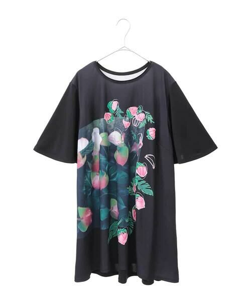 HIROKO BIS GRANDE / ヒロコビス グランデ チュニック | 【大きいサイズ】ボタニカルフォトプリントチュニック /洗える(ブラック)