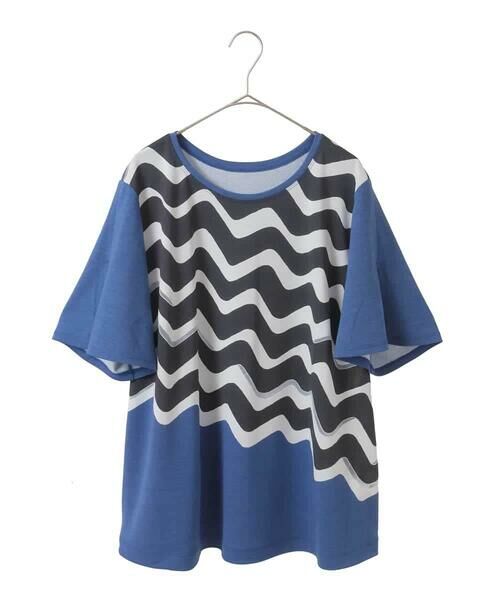 HIROKO BIS GRANDE / ヒロコビス グランデ カットソー | 【大きいサイズ】幾何学柄プリントカットプルオーバー /洗える(ブルー)