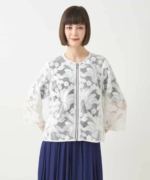 HIROKO BIS GRANDE / ヒロコビス グランデ ノーカラージャケット | 【大きいサイズ】ダブルメッシュフラワー刺繍ジャケット /洗える | 詳細14