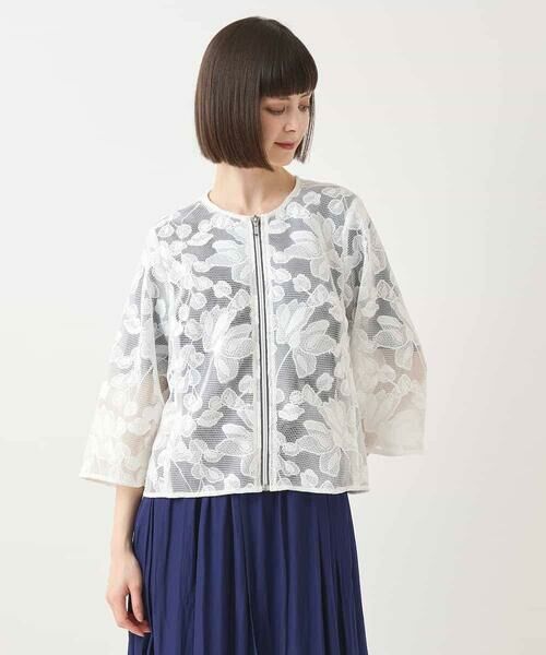 HIROKO BIS GRANDE / ヒロコビス グランデ ノーカラージャケット | 【大きいサイズ】ダブルメッシュフラワー刺繍ジャケット /洗える | 詳細15