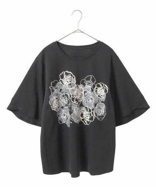 HIROKO BIS GRANDE / ヒロコビス グランデ カットソー | 【大きいサイズ/接触冷感】フラワープリントコットンカットソー /洗える(ブラック)