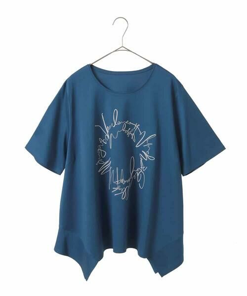 HIROKO BIS GRANDE / ヒロコビス グランデ カットソー | 【大きいサイズ/接触冷感】ブレード刺繍デザインヘムカットソー /洗える(ブルー)