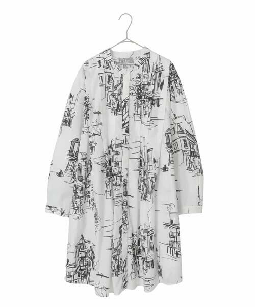 HIROKO BIS GRANDE / ヒロコビス グランデ シャツ・ブラウス | 【大きいサイズ】アートプリントタックデザインブラウス /洗える(ホワイト)