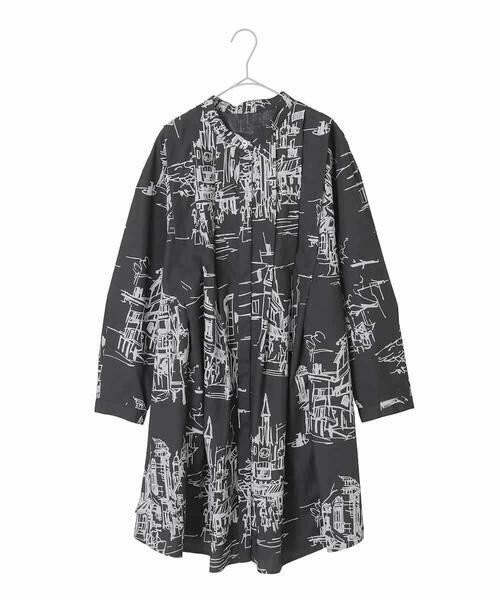 HIROKO BIS GRANDE / ヒロコビス グランデ シャツ・ブラウス | 【大きいサイズ】アートプリントタックデザインブラウス /洗える(ブラック)