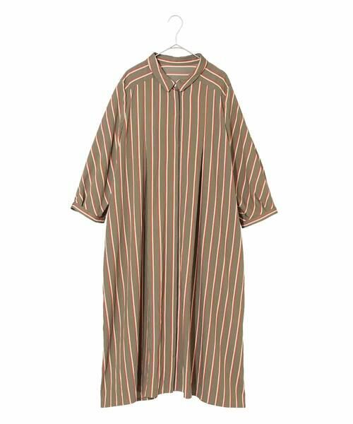 HIROKO BIS GRANDE/ヒロコビス グランデ 【大きいサイズ】ストライプシャツワンピース カーキ 3L