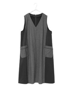 HIROKO BIS GRANDE / ヒロコビス グランデ ロング・マキシ丈スカート | 【大きいサイズ】異素材Vネックジャンパースカート /洗える