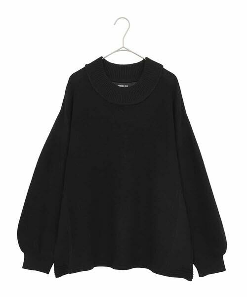 HIROKO BIS GRANDE / ヒロコビス グランデ ニット・セーター | 【大きいサイズ】リブネックデザインウールニットプルオーバー(ブラック)