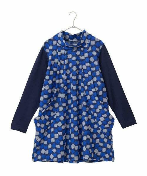 HIROKO BIS GRANDE / ヒロコビス グランデ チュニック | 【大きいサイズ】起毛ブロックサイド切り替えデザインチュニック /洗える(ネイビー)