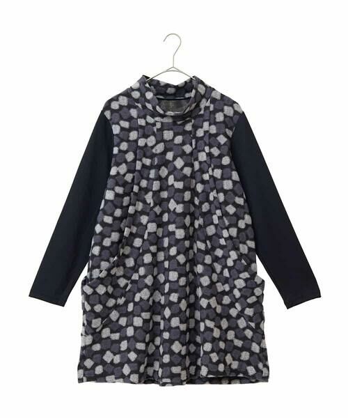 HIROKO BIS GRANDE / ヒロコビス グランデ チュニック | 【大きいサイズ】起毛ブロックサイド切り替えデザインチュニック /洗える(ブラック)