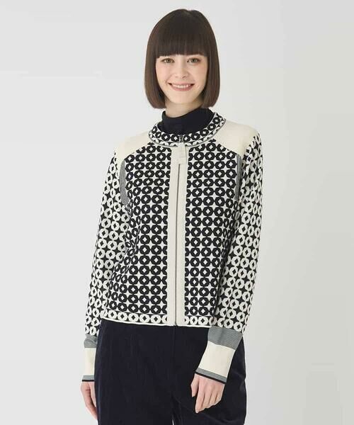 HIROKO BIS GRANDE / ヒロコビス グランデ カーディガン・ボレロ | 【大きいサイズ】ジャカード×インターシャ幾何柄ニットカーディガン（アイボリー）