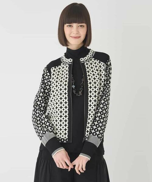 HIROKO BIS GRANDE / ヒロコビス グランデ カーディガン・ボレロ | 【大きいサイズ】ジャカード×インターシャ幾何柄ニットカーディガン（ブラック）