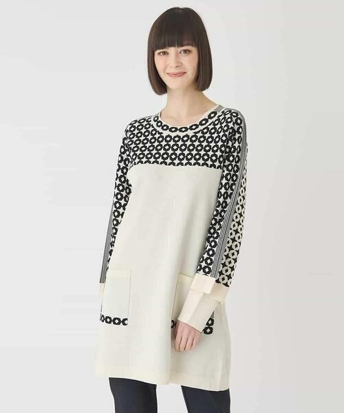 HIROKO BIS GRANDE / ヒロコビス グランデ チュニック | 【大きいサイズ】ジャカード×インターシャ幾何柄チュニック（アイボリー）
