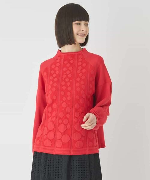 HIROKO BIS GRANDE / ヒロコビス グランデ ニット・セーター | 【大きいサイズ】ボリュームスリーブドットジャカードニットトップ(レッド)