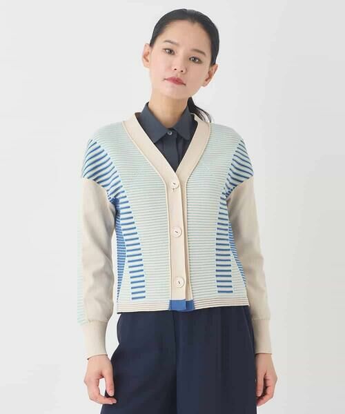 HIROKO BIS GRANDE / ヒロコビス グランデ ニット・セーター | 【大きいサイズ】ボーダーミックスニットカーディガン（ベージュ）