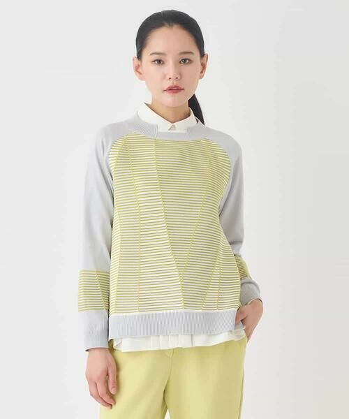 HIROKO BIS GRANDE / ヒロコビス グランデ ニット・セーター | 【大きいサイズ】ボーダーミックスニットプルオーバー（イエロー）