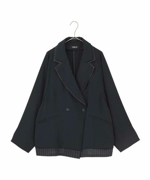 HIROKO BIS GRANDE / ヒロコビス グランデ テーラードジャケット | 【大きいサイズ】無地×ストライプレイヤード風ジャケット(ネイビー)