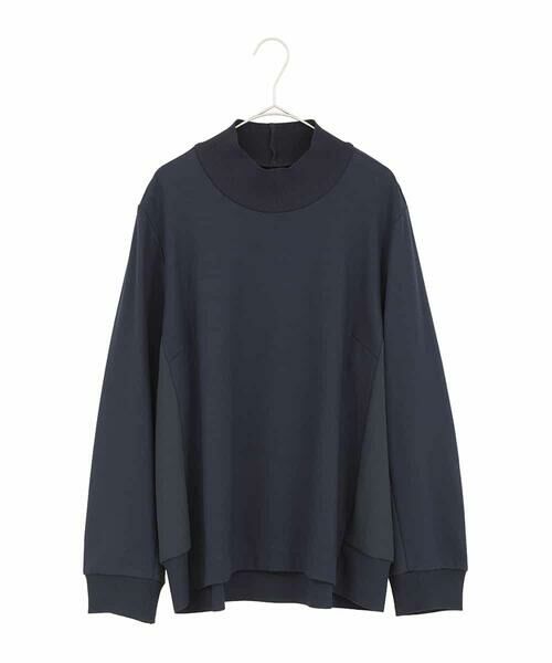 HIROKO BIS GRANDE / ヒロコビス グランデ カットソー | 【大きいサイズ】異素材切り替えハイネックプルオーバー（ネイビー）