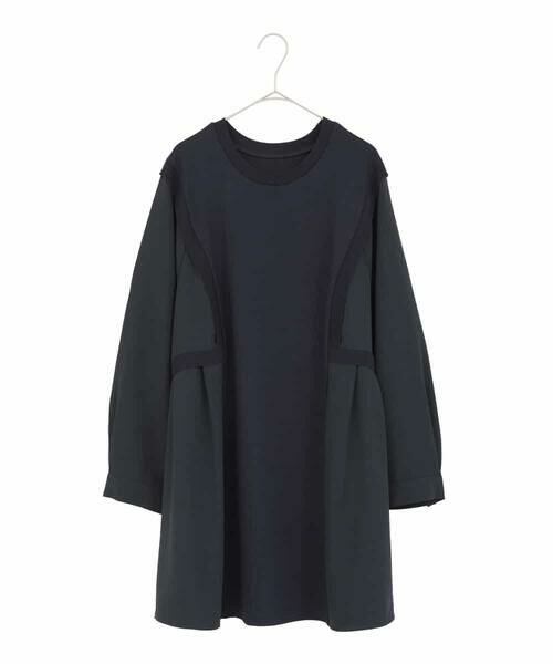 HIROKO BIS GRANDE / ヒロコビス グランデ チュニック | 【大きいサイズ】異素材切り替えチュニックプルオーバー（ネイビー）