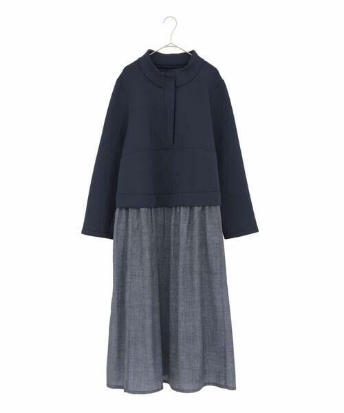 HIROKO BIS GRANDE / ヒロコビス グランデ ロング・マキシ丈ワンピース | 【大きいサイズ】異素材MIXジャージーワンピース（ネイビー）