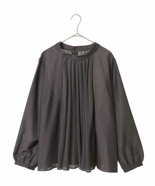 HIROKO BIS GRANDE / ヒロコビス グランデ シャツ・ブラウス | 【大きいサイズ】スタンドカラーかまぼこプリーツブラウス（ダークグレー）