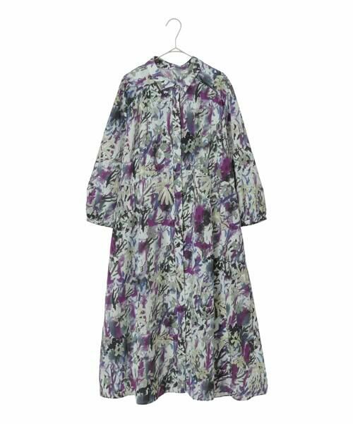 HIROKO BIS GRANDE / ヒロコビス グランデ ロング・マキシ丈ワンピース | 【大きいサイズ】フラワープリントシャツカラーワンピース（ネイビー）