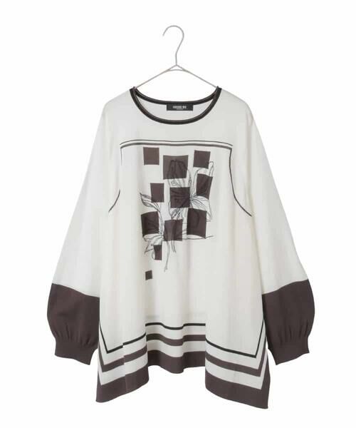 HIROKO BIS GRANDE / ヒロコビス グランデ カットソー | 【大きいサイズ】花刺繍フレーム配色デザインプルオーバー（ホワイト）