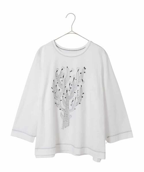 HIROKO BIS GRANDE / ヒロコビス グランデ カットソー | 【大きいサイズ】サボテン刺繍コットンTシャツ（ホワイト）