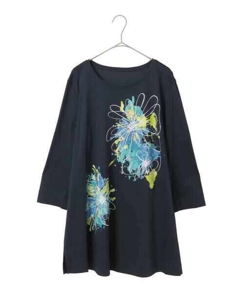 HIROKO BIS GRANDE / ヒロコビス グランデ チュニック | 【大きいサイズ】ドローイングフラワーチュニックカットソー（ネイビー）