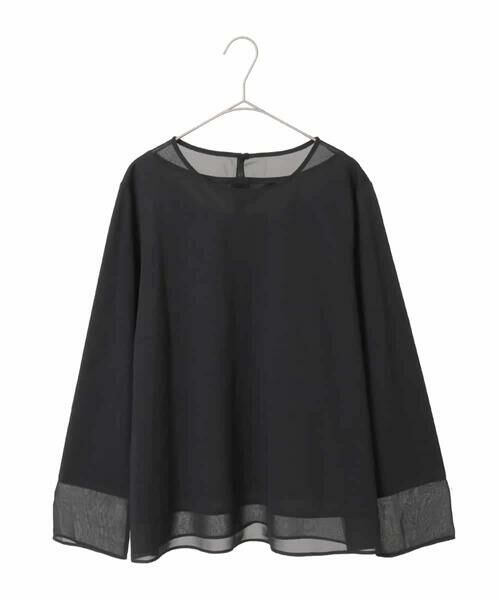 HIROKO BIS GRANDE / ヒロコビス グランデ カットソー | 【大きいサイズ】異素材ドッキングカットソー（ブラック）
