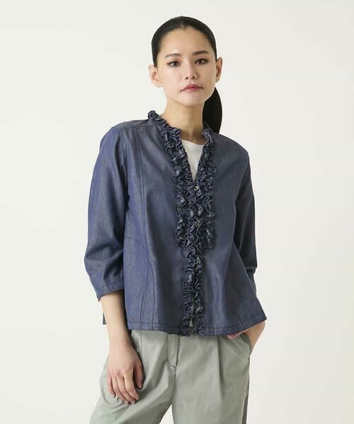 HIROKO BIS GRANDE / ヒロコビス グランデ シャツ・ブラウス | 【大きいサイズ】フリルアクセントダンガリーブラウス | 詳細7