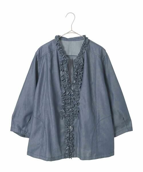 HIROKO BIS GRANDE / ヒロコビス グランデ シャツ・ブラウス | 【大きいサイズ】フリルアクセントダンガリーブラウス（ネイビー）