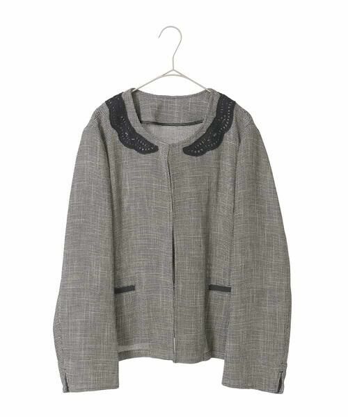 HIROKO BIS GRANDE / ヒロコビス グランデ ノーカラージャケット | 【大きいサイズ】ツイーディーメッシュコンパクトジャケット（ブラック）