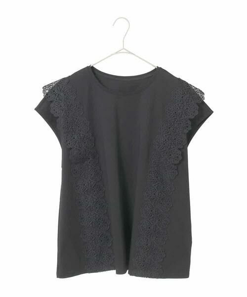HIROKO BIS GRANDE / ヒロコビス グランデ カットソー | 【大きいサイズ】サイドレースフレンチスリーブカットソー（ブラック）