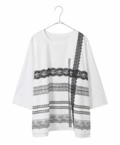 HIROKO BIS GRANDE / ヒロコビス グランデ カットソー | 【大きいサイズ】レーステープデザインコットンカットソー